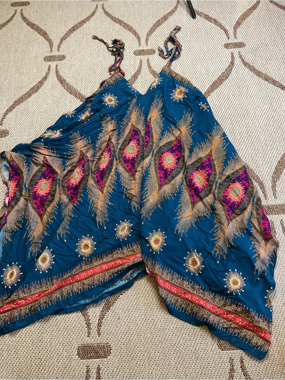 Blue Peacock Print Halter asymmetricaldress  with Pink & Gold Accents